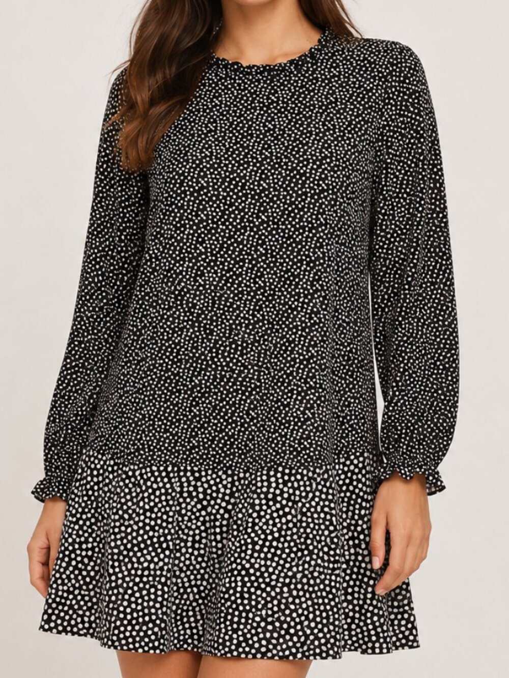 Loft Black and Off-White Polka Dot Long Sleeve Dress Size XSP